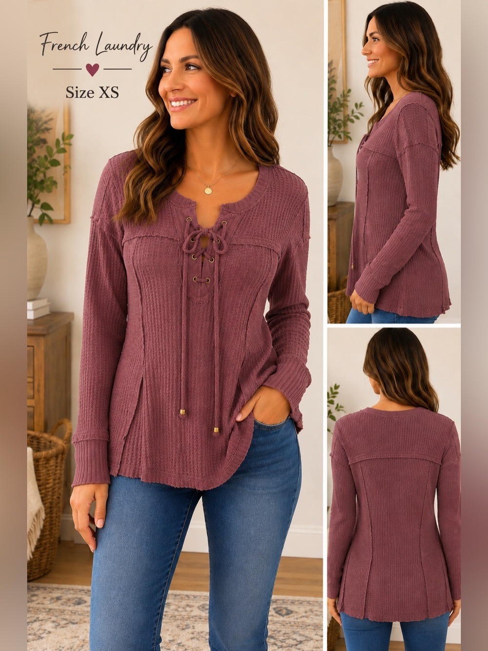 French Laundry Waffle Knit Lace-Up Top Small 
Maroon/Ruby Boho Thermal Shirt